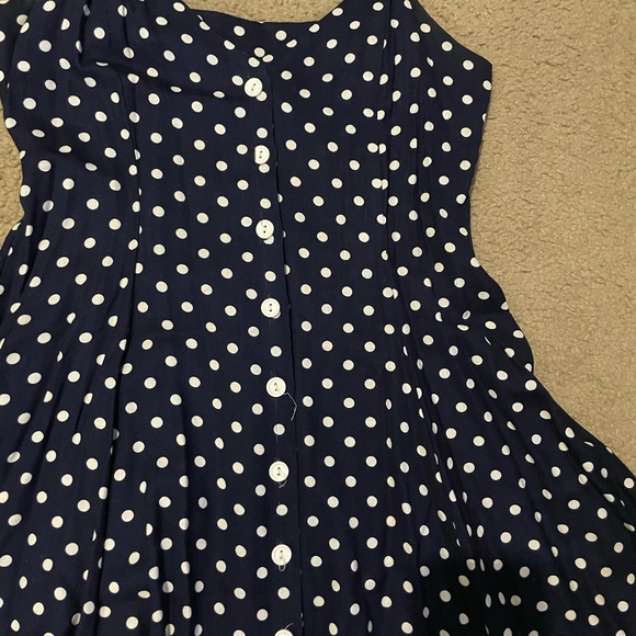90s vintage Moda Intl navy blue polkadot a line dress, size 8 - Picture 3 of 7
